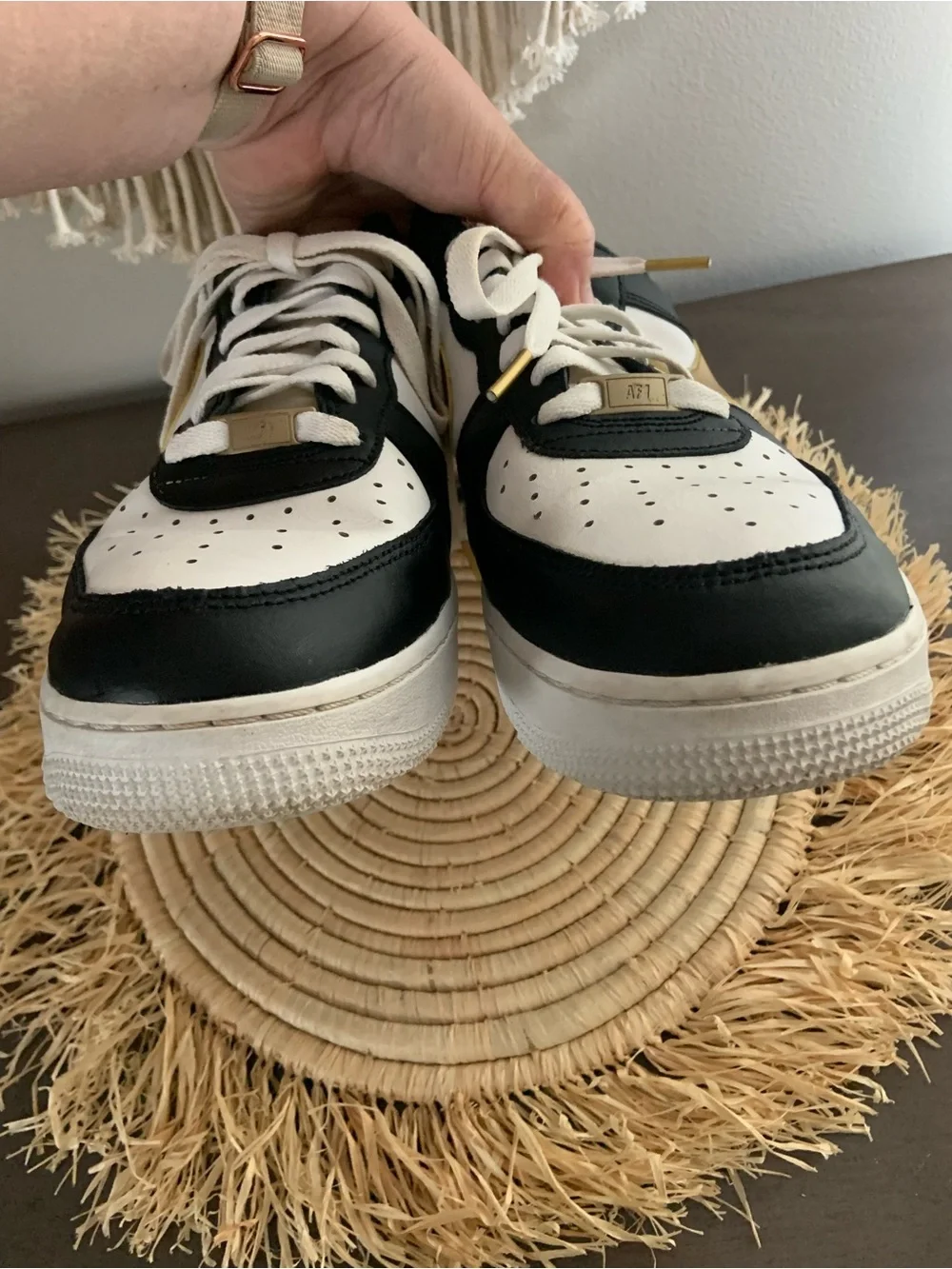 NIKE Men’s Air Force One Black White Gold Sneakers Size 10.5